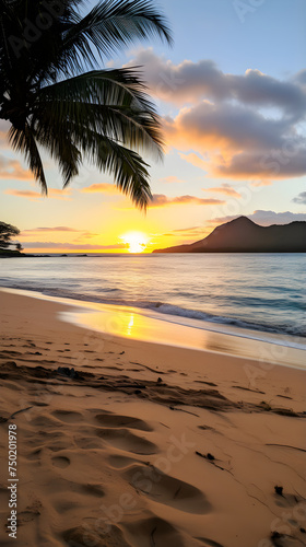 A Tranquil Beach at Sunset: The Interplay of Pastel Sky, Palm Silhouettes and Soft Sands