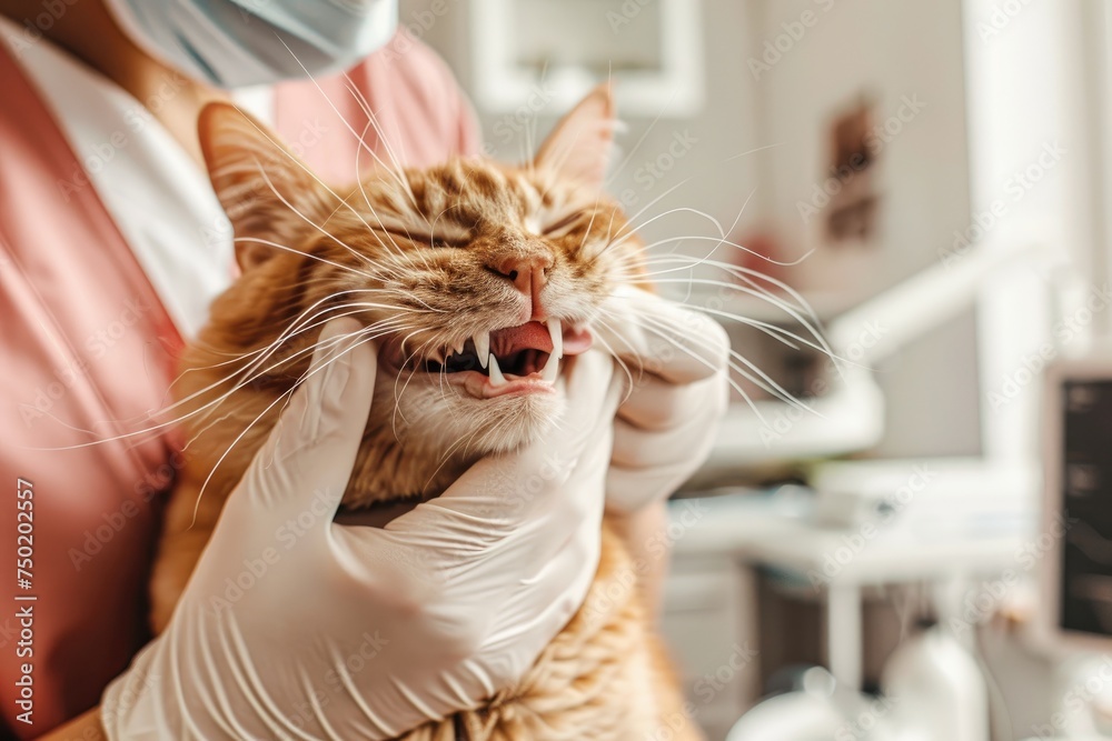 A veterinarian checks a cat's teeth in a veterinary clinic. Animal care concept.