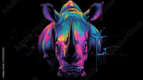  a close up of a rhino's face with multicolored paint splatters on the rhino's face and the rhino'rhino's head.