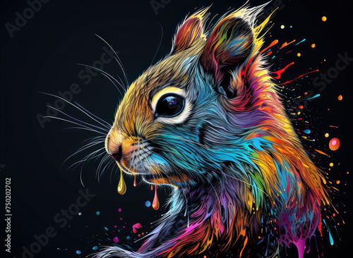 a picture of a colorful squirrel on a black background with paint splattered all over it's body and the animal's face is looking at the viewer.