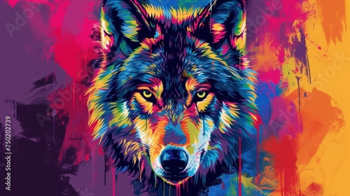  a painting of a wolf's face with colorful paint splattered on it's face and a red, yellow, blue, green, pink, purple, and orange background.
