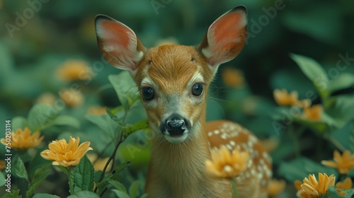  a close up of a small deer in a field of flowers with a blurry background of leaves and flowers in the foreground and a blurry foreground.