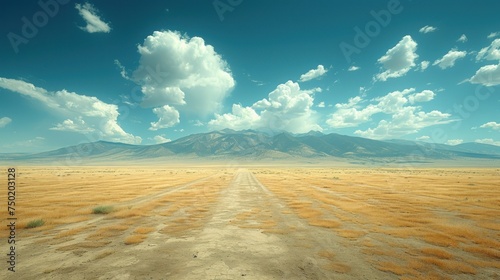  a dirt road in the middle of a desert with a mountain in the distance and a blue sky with puffy white clouds in the middle of the top of the picture. photo