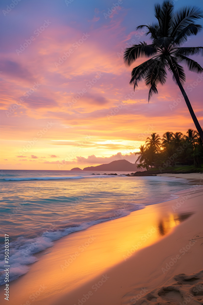 A Tranquil Beach at Sunset: The Interplay of Pastel Sky, Palm Silhouettes and Soft Sands