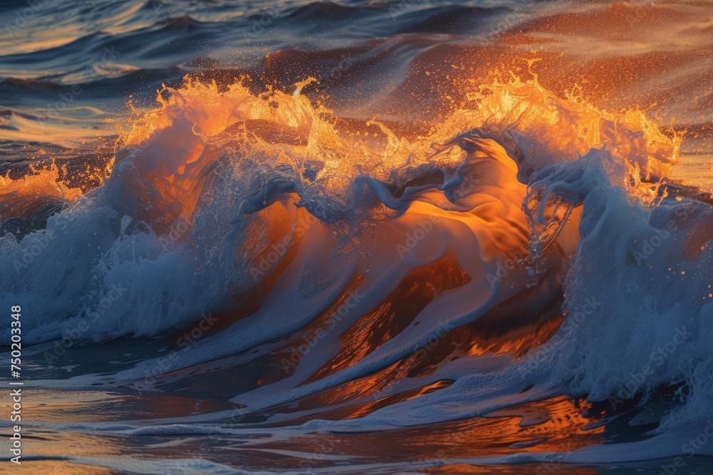 Blue Ocean Wave Crashing at Sunset