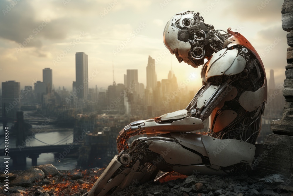 a sad cyborg sits with his head propped up on his hand, thinking against the backdrop of city ruins a sad cyborg sits with his head propped up on his hand, thinking against the backdrop of city ruins
