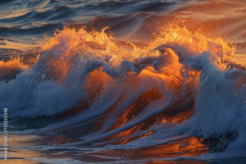 Blue Ocean Wave Crashing at Sunset
