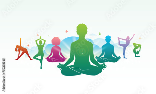 International yoga day background. Group of family, people, men, woman practicing yoga. Vector illustration design.