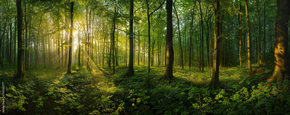 A Tranquil Morning as Golden Sun Rays Illuminate the Verdant Depths of a Forest Sanctuary A Tranquil Morning as Golden Sun Rays Illuminate the Verdant Depths of a Forest Sanctuary