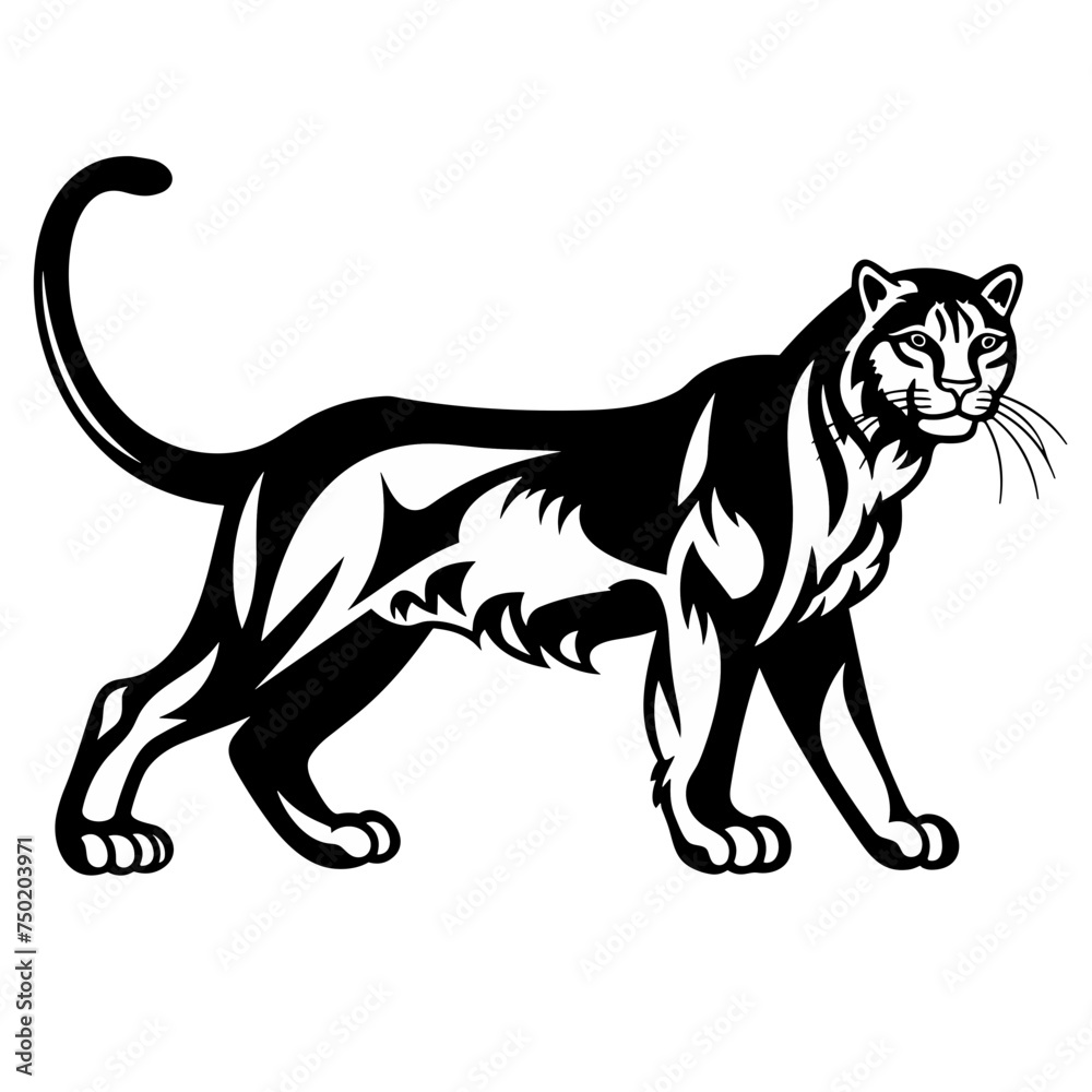 Obraz premium panter, cougar wild cat black and white vector illustration isolated transparent background, logo, cut out or cutout t-shirt print design, poster, products or packaging design.