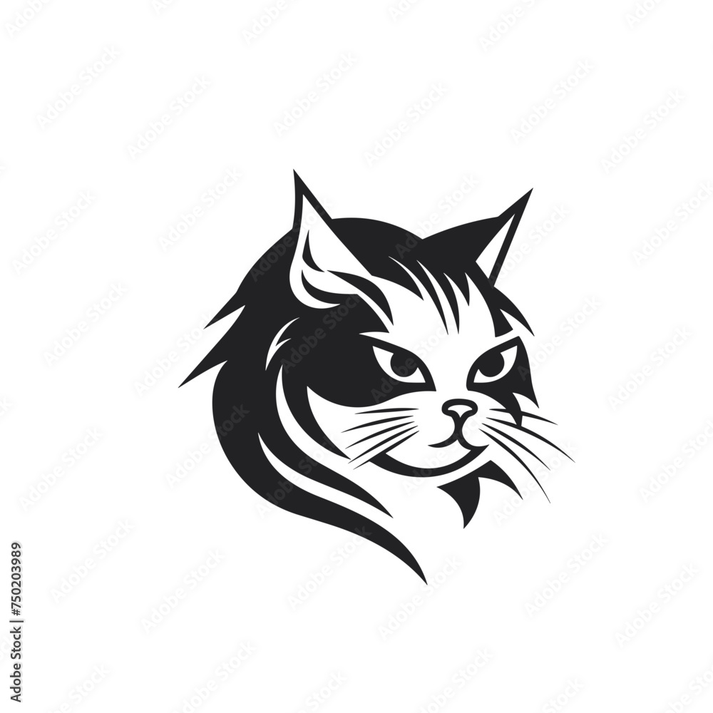 cat head black and white vector illustration isolated transparent background, logo, cut out or cutout t-shirt print design,  poster, products or packaging design.