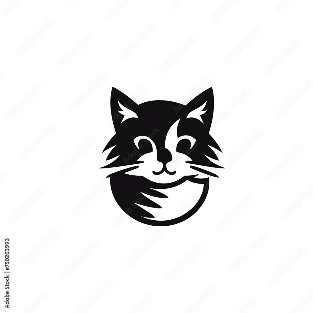 cat head black and white vector illustration isolated transparent background, logo, cut out or cutout t-shirt print design,  poster, products or packaging design.