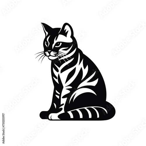 American Shorthair cat sitting silhouette black and white vector illustration isolated transparent background, logo, cut out or cutout t-shirt print design,  poster, baby products, packaging design