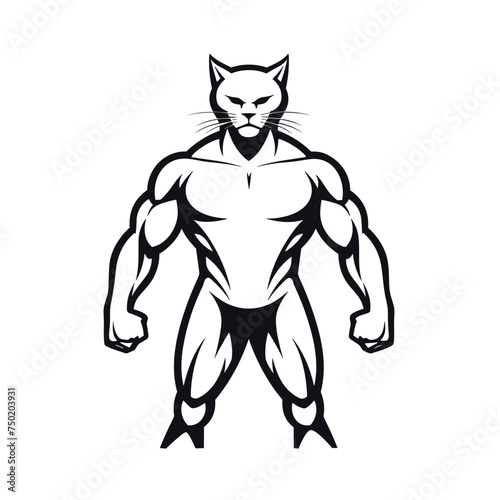 cat bodybuilders full body black and white vector illustration isolated transparent background, logo, cut out or cutout t-shirt print design, poster, products or packaging design.
