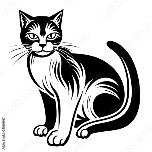 cat sitting silhouette black and white vector illustration isolated transparent background, logo, cut out or cutout t-shirt print design, poster, products or packaging design.