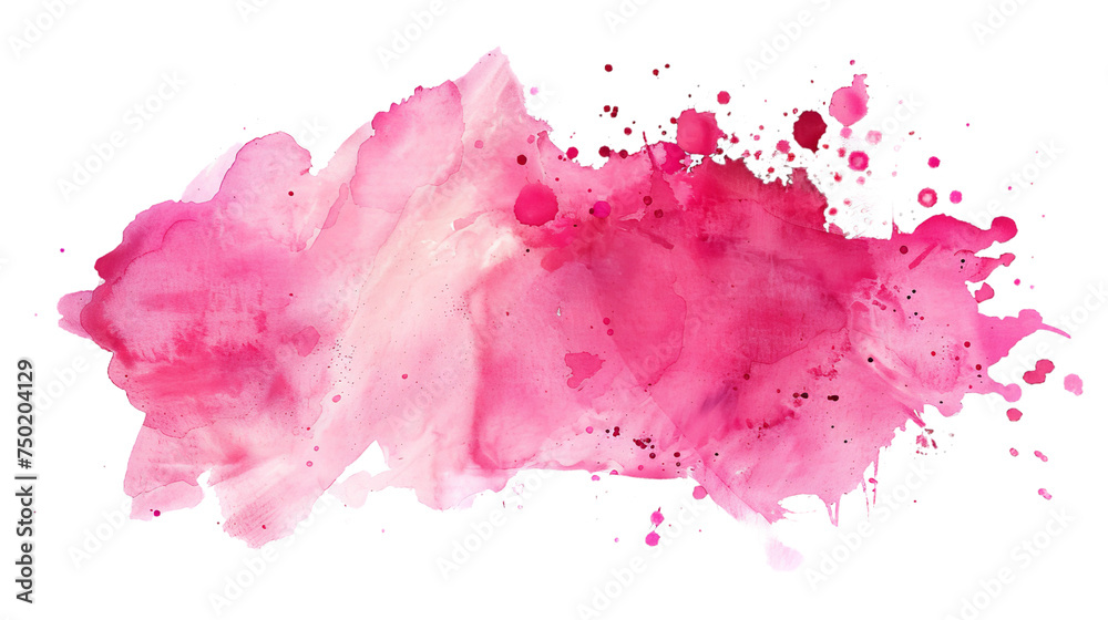 A stunning vibrant pink watercolor stain with splatters spreads organically across a white canvas