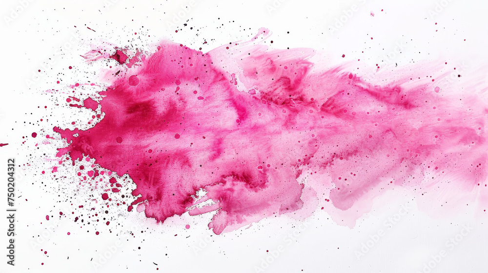 Pink watercolor blot with splashes on a clean white background, depicting energy and spontaneity