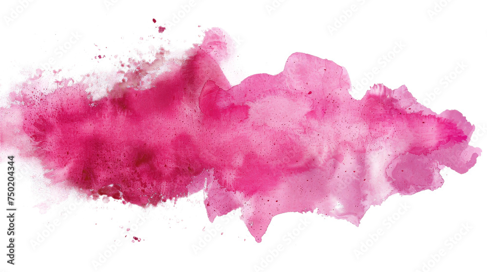 Dynamic pink watercolor smear with splatter elements, artful and expressive on white