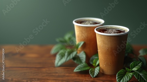 two cups of coffee sitting on top of a wooden table with green leaves on the side of the cups and on top of the table is a sprig of a sprig of sprig.