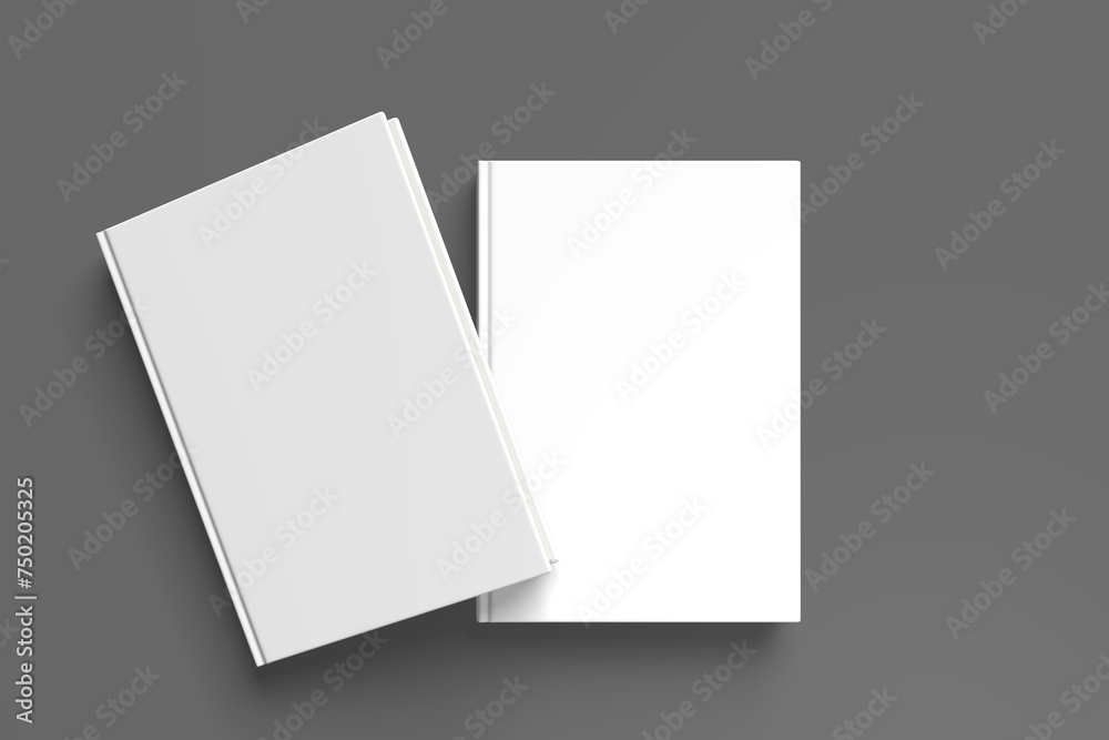 Realistic 3D book mockup illustration with 2 hard covers. Book model standing on shaded isolated grey background. 2 hardcover books. Ready for you to present your design.