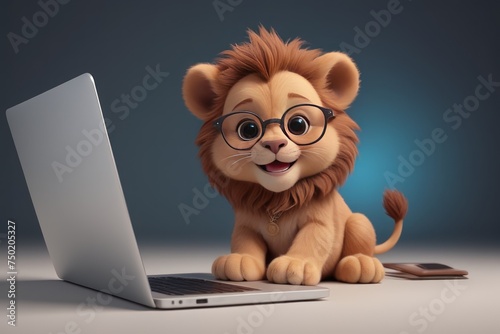 3D illustration cute lion with laptop.Use the illustration in banners or promotional materials for websites offering online classes or courses for children.Technology-themed Puzzles or Games.