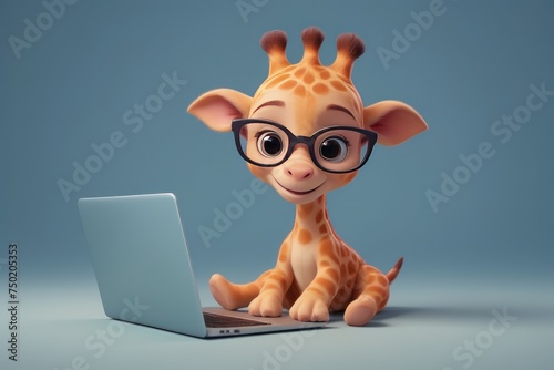 3D cartoon illustration cute ziraffe with laptop.Visual appeal of technology-related blogs or websites.Concept promote workshops or classes teaching children about technology coding or digital skills.