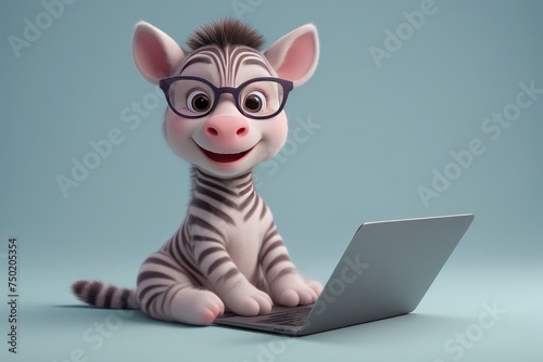 3D cartoon illustration showcases cute zebra with a laptop engaging in digital adventures.Educational websites or apps targeting children  promoting digital literacy and online learning.
