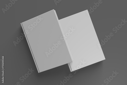 Realistic 3D book mockup illustration with 2 hard covers. Book model standing on shaded isolated grey background. 2 hardcover books. Ready for you to present your design. photo