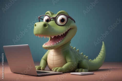 3D cartoon illustration showcases cute crocodile with a laptop,engaging in digital adventures.Educational websites or apps targeting children, promoting digital literacy and online learning. © JuLady_studio