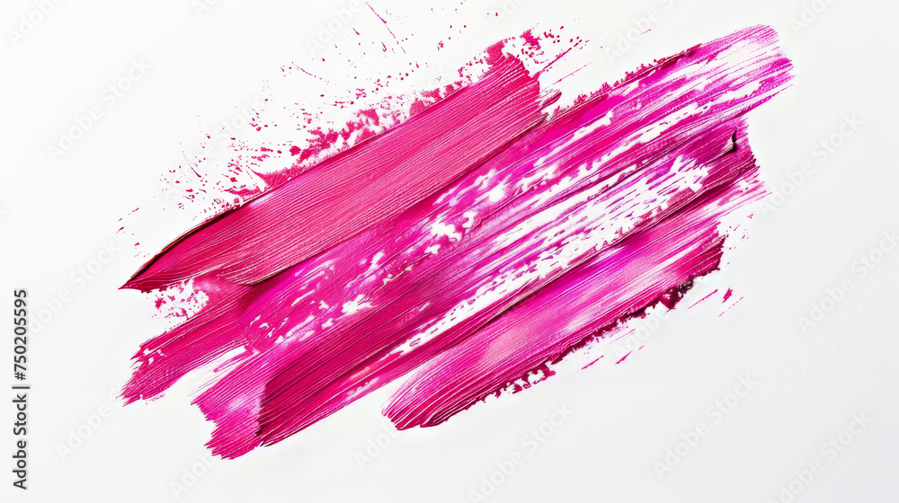 Energetic pink streak with splattered paint drops against a stark white background, suggesting playfulness and vitality
