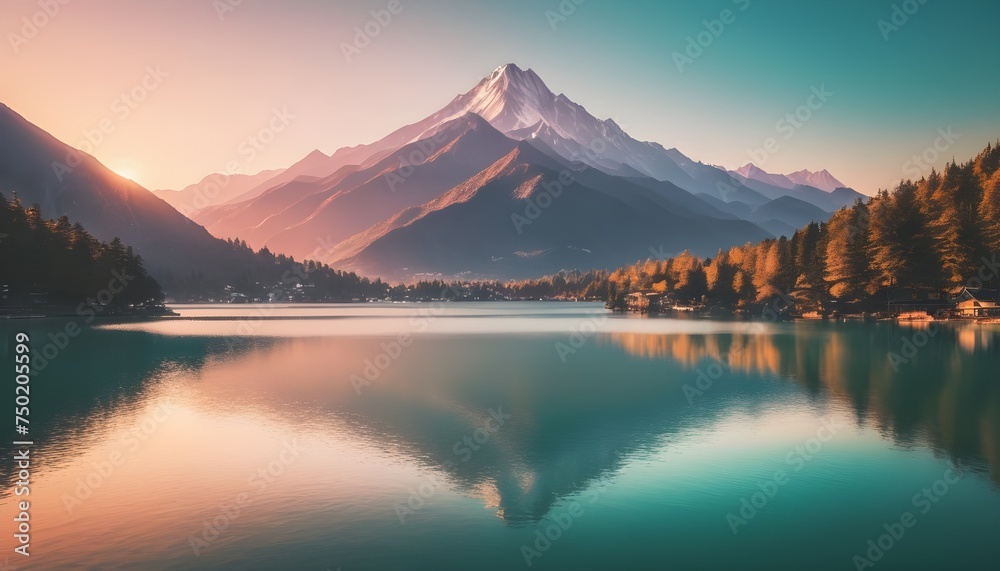 Sunset-over-a-lake-with-a-mountain-in-the-background--with-blur-and-bokeh-effect-backround