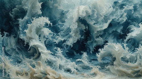  a painting of a large body of water with a lot of white and blue waves coming up from the top of the water to the bottom of the picture and bottom of the picture.