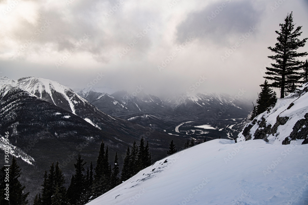 Banff, Canada - Dec. 21 2021: Panorama view from the Sulfur Mountain Trail in Banff Alberta Banff, Canada - Dec. 21 2021: Panorama view from the Sulfur Mountain Trail in Banff Alberta