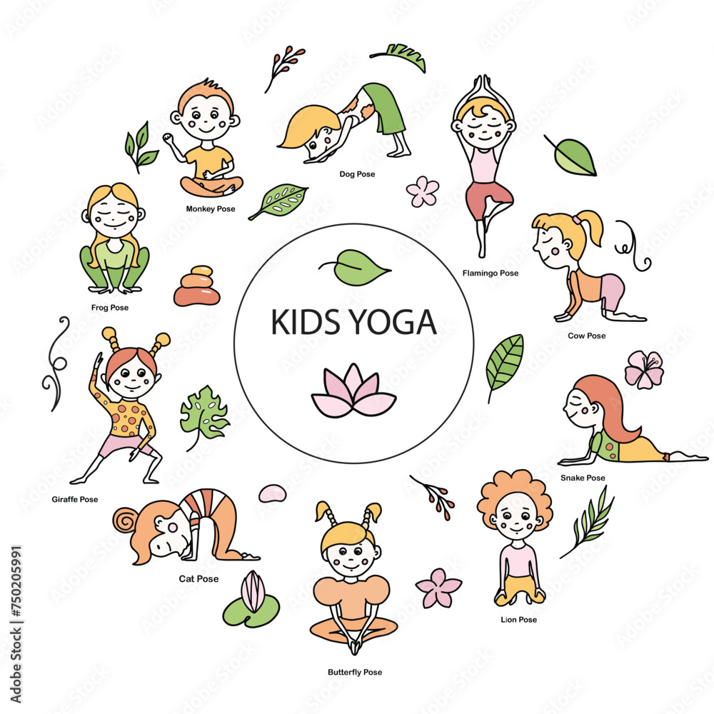 Set of kids yoga animal poses and tropical leaves, flowers, branches. Vector cartoon illustration in doodle style.