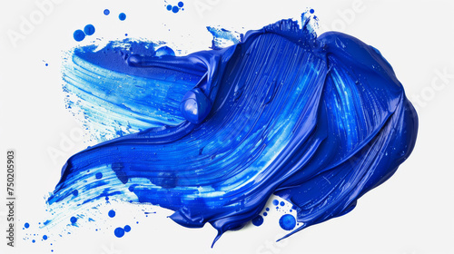 A dynamic close-up image of a thick blue acrylic paint smear isolated on a white background