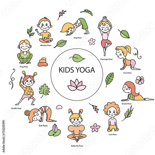 Set of kids yoga animal poses and tropical leaves, flowers, branches. Vector cartoon illustration in doodle style.