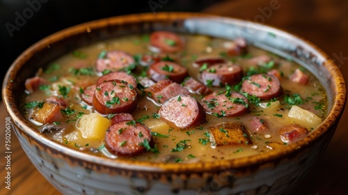 a bowl of soup with sausage, potatoes, and parsley in a brown and white bowl on top of a wooden table with a wooden table in the background.