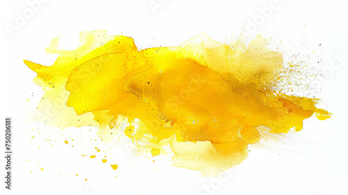 A bright and vivid yellow watercolor stain with dynamic splashes and droplets dispersing around the central bloom