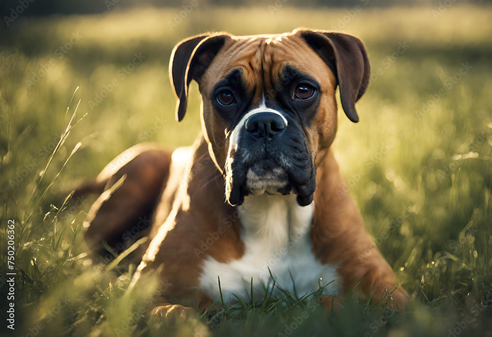 Fototapeta premium Cachorro da raça Boxer sentado na grama