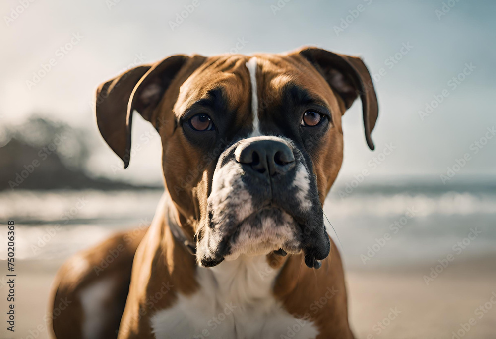 Cachorro da raça Boxer sentado na praia - obrazy, fototapety, plakaty 