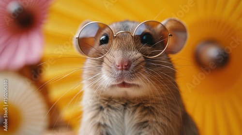  a close up of a rodent wearing glasses with a background of umbrellas and paper umbrellas in the shape of umbrellas in the shape of the shape of a heart.