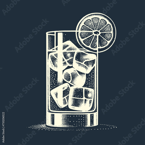 Cocktail Glass full of Ice Cubes decorated with Lemon slice. Vintage woodcut engraving stipple style vector illustration.