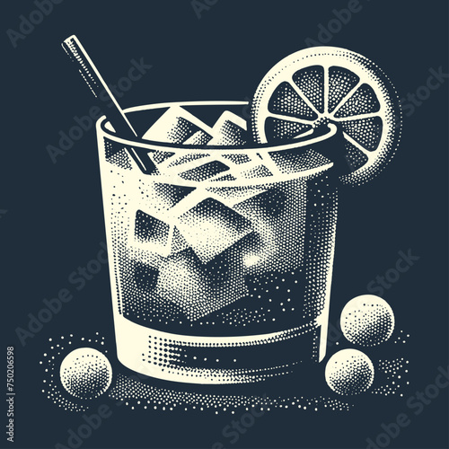 Cocktail Glass full of Ice Cubes decorated with Lemon slice. Vintage woodcut engraving stipple style vector illustration.