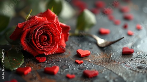  a red rose sitting on top of a table next to a knife and heart shaped confetti on top of a black surface with red hearts scattered around it.