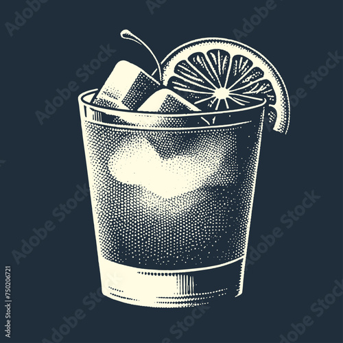 Cocktail Glass decorated with Lemon slice. Vintage woodcut engraving stipple style vector illustration.