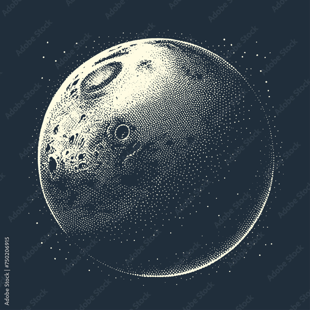 Planet in Cosmos. Vintage woodcut stipple engraving vector illustration. - obrazy, fototapety, plakaty 