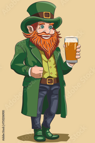 Leprechaun in a green hat with a red beard and mustache with a glass of foaming beer in his hand.