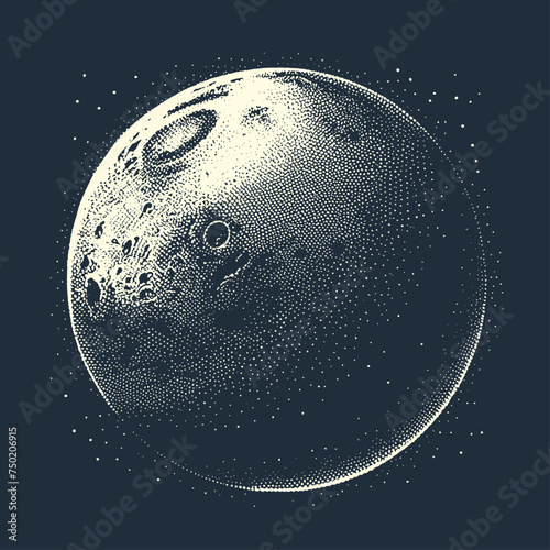 Planet in Cosmos. Vintage woodcut stipple engraving vector illustration.