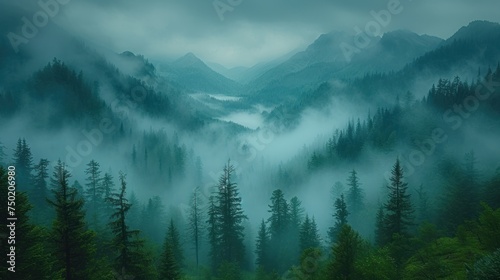  a foggy forest filled with lots of trees and a forest filled with lots of tall, green trees and lots of tall, green, leafy, evergreen trees. © Nadia