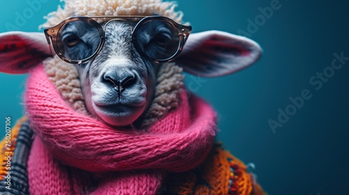  a sheep wearing a scarf and glasses with a sweater on it's head and a scarf around it's neck and wearing a pair of glasses on its head.